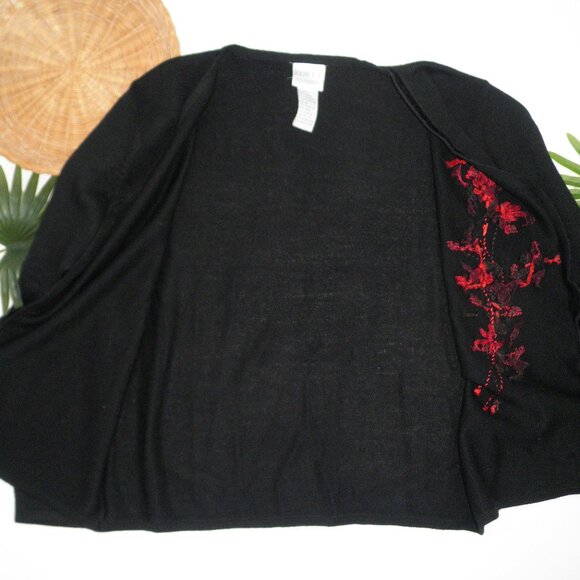Vintage 90s Black Velvet Trim Wool Cardigan w/ Red Ribbon Floral Accent M - Picture 9 of 9